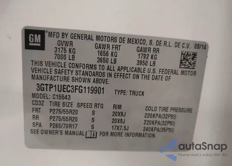 2015 GMC Sierra 1500 Sle z USA, uszkodzony, nr VIN 3GTP1UEC3FG119901
